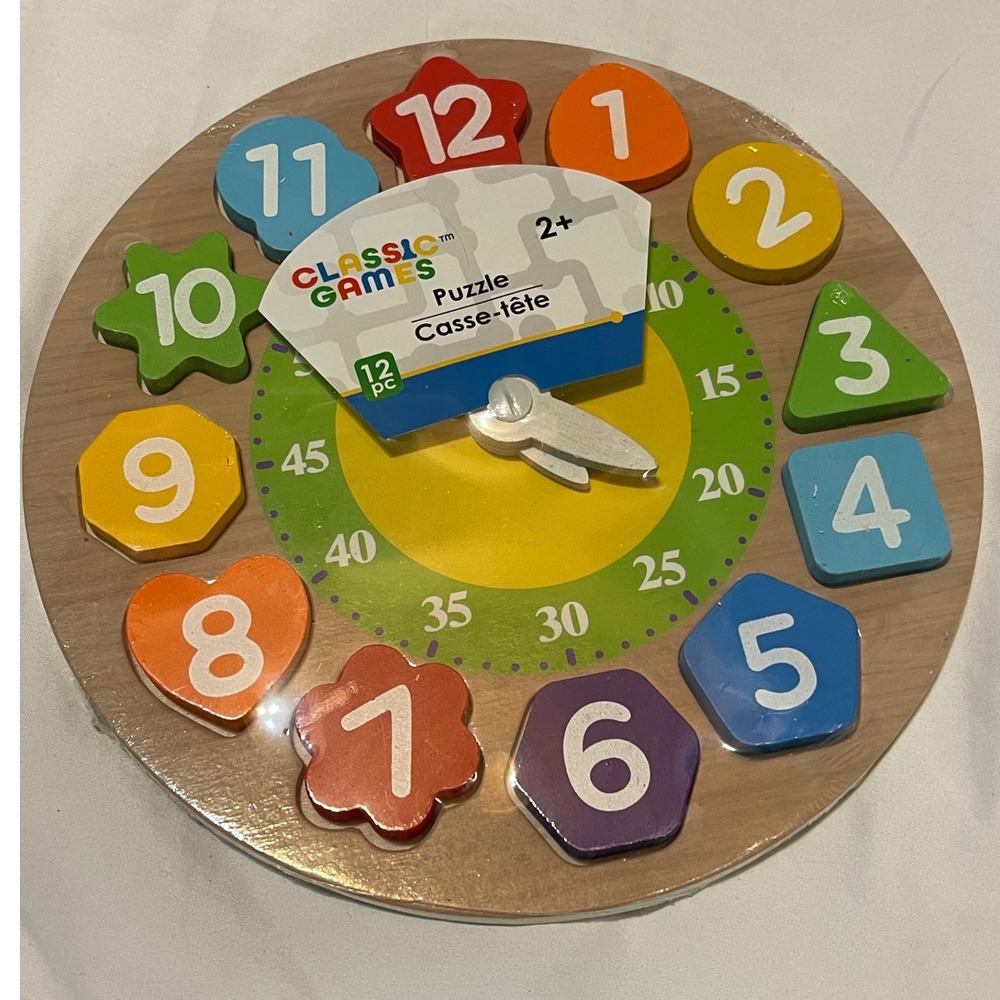 Classic Games Wooden Clock Puzzle Kids Unisex 2+Multicolor Wood Shape Sorter Toy